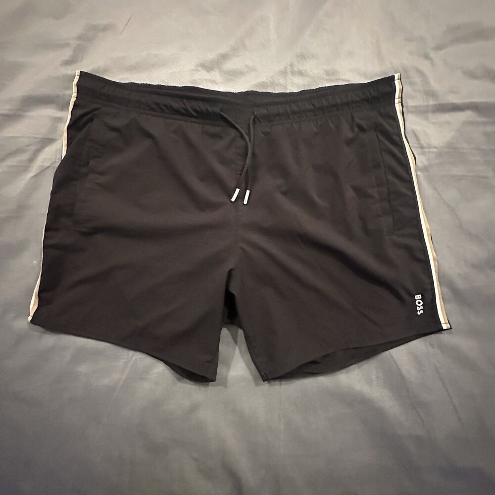 Hugo Boss Board Shorts Mens Large Stripe Black Drawstring Beach Swimwear Trunks